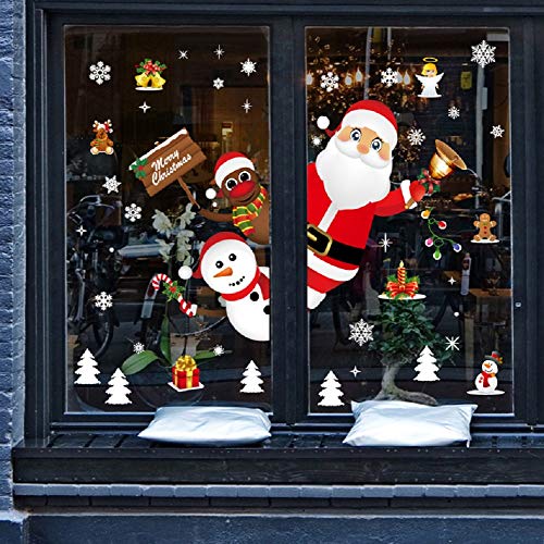 Product Cover Yusongirl Christmas Window Clings Snowflake Wall Stickers Cute Santa Reindeer Peeking Decals Lovely Baubles Bells Static PVC Stickers for Christmas Home/Shop/Party Window Decorations