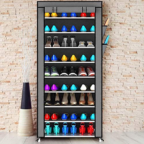 Product Cover Tinnitus Multipurpose Portable Folding Shoes Rack 9 Tiers Grey Multi-Purpose Shoe Storage Organizer Cabinet Tower with Iron and Nonwoven Fabric with Zippered Dustproof Cover (Shoe Racks for Home)