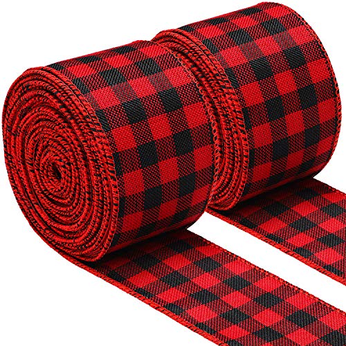 Product Cover 2 Rolls 2.5 Inch Wide Christmas Ribbon Red and Black Plaid Wired Ribbon Christmas Wrapping Crafts Ribbon for Gift Wrapping Supplies, 472 Inch Long Total