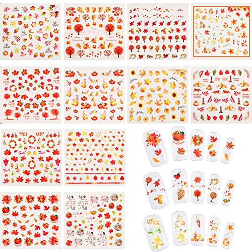 Product Cover Blulu 12 Sheets Thanksgiving Fall Nail Art Stickers Autumn Maple Leaves Pumpkin Water Transfer Decals Nail and Tweezer for Women Girls DIY Nail Decorations