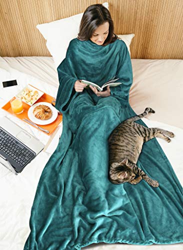Product Cover Fleece Wearable Blanket with Sleeves for Women Men, Super Soft Warm Cozy Micro Plush Functional Lightweight TV Wrap Throw Blanket with Pocket for Lounge Couch Office, Green