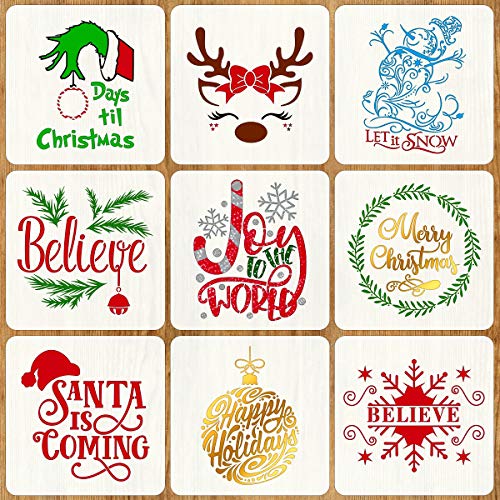 Product Cover 9 PCS Christmas Stencils for Painting on Wood 12 Inches Reusable Floor Tile Stencil for Christmas Decor Fabric Canvas Wall Painting Templates