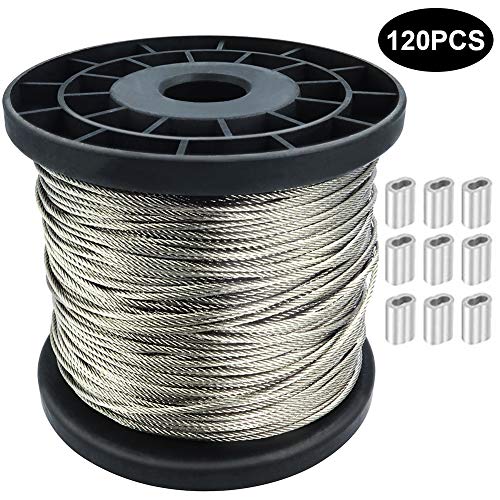 Product Cover 1/16 Wire Rope, 304 Stainless Steel Wire Cable, 328FT Length Aircraft Cable, 7x7 Strand Core, 368 lbs Breaking Strength, with 120 Pcs Aluminum Crimping Clamps Loop Sleeve