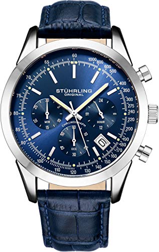 Product Cover Stuhrling Original Mens Watches Chronograph Analog Blue Watch Dial with Date - Tachymeter 24-Hour Subdial Mens Blue Leather Strap - Watches for Men Rialto Collection
