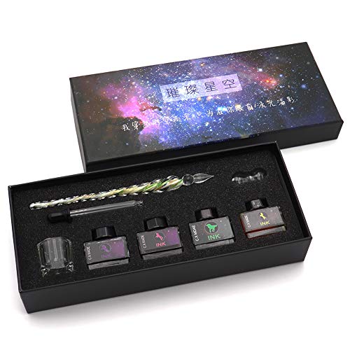 Product Cover ZZKOKO Glass Dip Pen Set, Calligraphy Pen Set, Crystal Vintage Handmade Glass Signature Writing Drawing Pen, 8-Pieces Gift Set with 4 Colors Ink, 1 Pen Holder, 1 Glass Pen, 1 Glass and 1 Straw