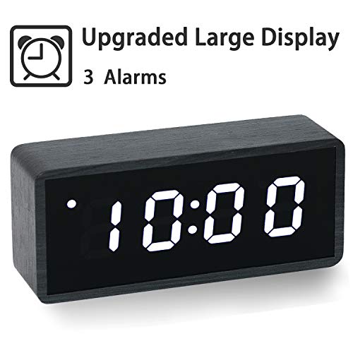 Product Cover 【Upgraded】 Digital Alarm Clock, with Wooden Electronic LED Time, Large Display, 3 Alarm Settings, Wood Made Electric Clocks for Bedroom, Bedside, Office, Black
