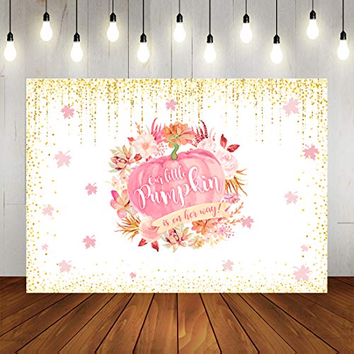 Product Cover Pumpkin Baby Shower Backdrop for Girl Autumn Fall Baby Shower Decorations Halloween Watercolor Pink Floral Maple Leaves Gold Glitter Dots Background for Princess Baby Shower Photo Booth Props 7x5ft Vi