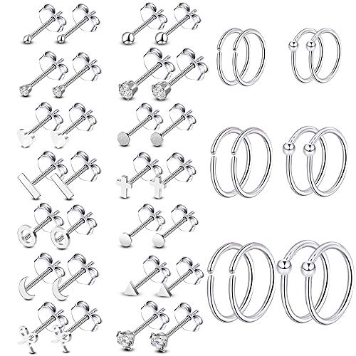 Product Cover ONESING 20 Pairs Tiny Stud Earrings Cartilage Earrings Stainless Steel Circle Earring Hoop Cartilage Ear Piercing for Women Men