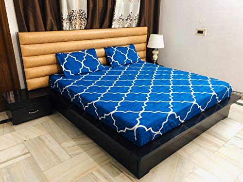 Product Cover Magnetic Shadow Elegant Geometric Polycotton Elastic Fitted Bedsheet with 2 Pillow Covers (Blue, King Size)