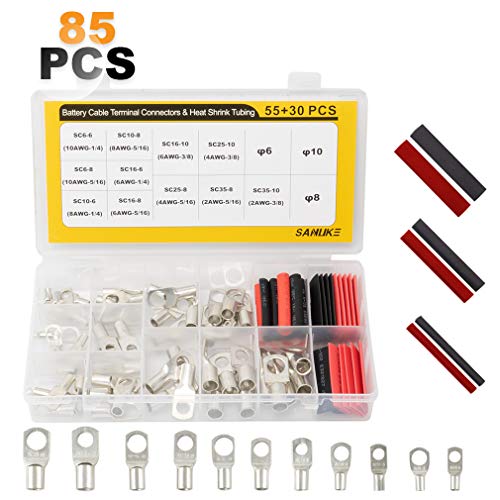 Product Cover Sanuke Wire Lugs Ring Terminal Connectors AWG10-2 Ends Heavy Duty for Battery Cable Lug tinned Copper Tubular Wire Electrical Eyelets Terminal 11Size 85PCS with 2:1 Heat Shrink Tubing Assortment Kit