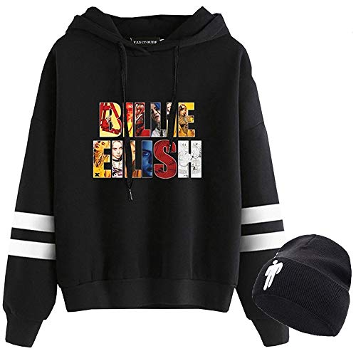 Product Cover BUBABOX Billie Eilish Hoodie with Matching Beanie Hats Women's Striped Long Sleeve Loose Streetwear Sweatshirt and Billie Winter Hats(S Black)