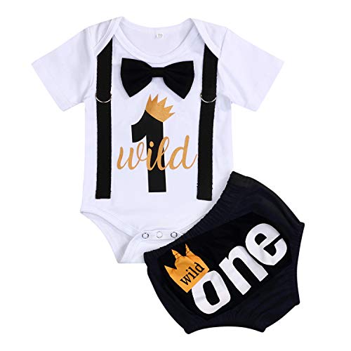 Product Cover Baby Boy First Birthday Outfit Infant Wild One Boy Bow Tie Short Sleeve Romper+Shorts Bodysuit Cake Smash Outfits (White 2, 12-15 Months)