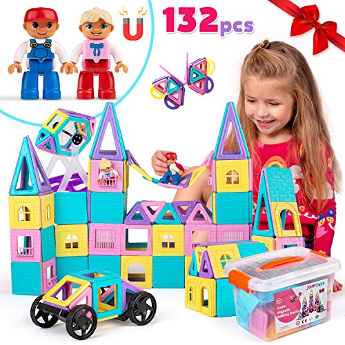 Product Cover Castle Magnetic Blocks - 132-Piece Set for Girls & Boys with Play Magnet Figures & Tiles - 3D STEM Building Educational Construction Toy for Toddlers & Kid 3 4 5 6 7 Year Old Age - Great Children Gift