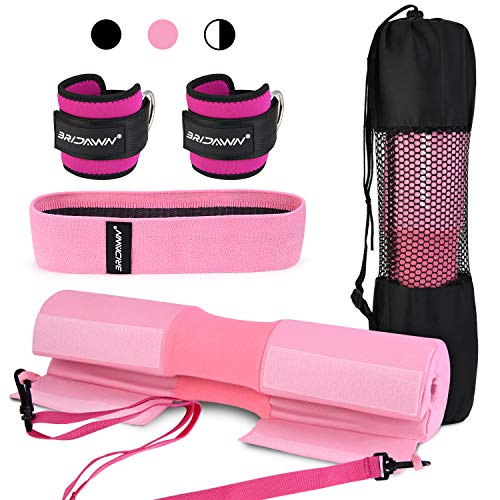 Product Cover bridawn Barbell Pad Set for Squats Hip Thrusts Upgraded Bar Neck Pads Workout Foam Weightlifting Cushion with 2 Gym Ankle Straps Hip Resistance Band Fits Standard Olympic Bars with a Carry Bag