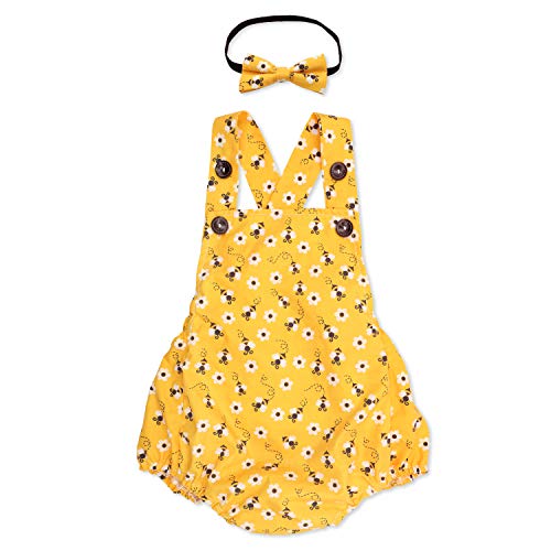 Product Cover Eunikroko Honey Bee Romper with Headband for Baby Girls First Birthday Yellow Bumble Bee Outfit for First Bee-Day Cake Smash Photoshoots Supplies