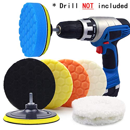 Product Cover POLIWELL 6 Inch Car Polishing & Buffing Sponge Pads Kit Wool Bonnet Pads for Household Electric Drill and Auto Polisher with 8mm M14 Drill Adapter for Washing Cleaning Waxing Dusting, 11PCS