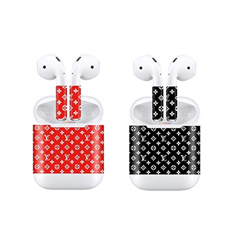Product Cover Airpod Skins Bluetooth Earphone Case Protective Sticker Wrap Cover - LV Airpods Skin Protective Wrap - Airpod Wraps - LV Airpod Skins - Airpod Skins (2 Pack) Multiple Designs (Red/Black)