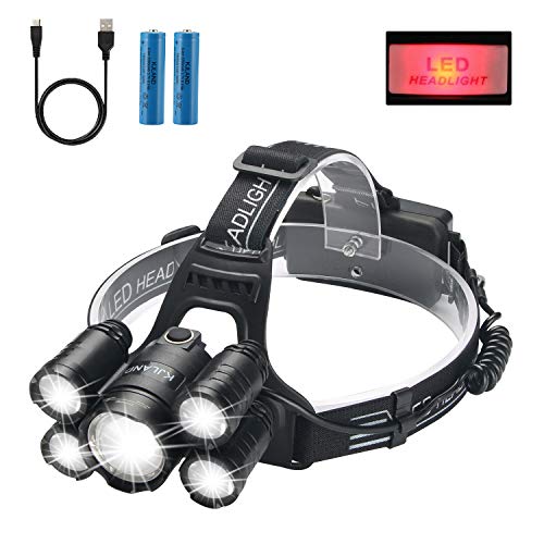 Product Cover Headlamp, KJLAND 12000 Lumen Ultra Bright 5 LED Head light, USB Rechargeable Waterproof Headlight Flashlight with Zoomable, 4 Modes Head Lamp for Outdoor Camping Hiking Fishing Hunting