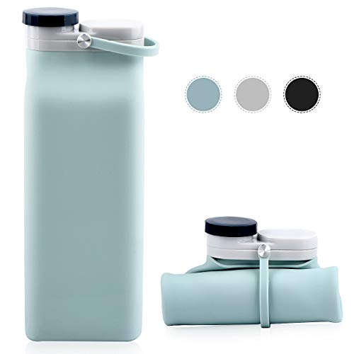Product Cover E-Senior Collapsible Silicone Bottles Sports Water Bottle travel Lightweight Leak Proof BPA Free for hiking Outdoor Sports 20oz (Blue)
