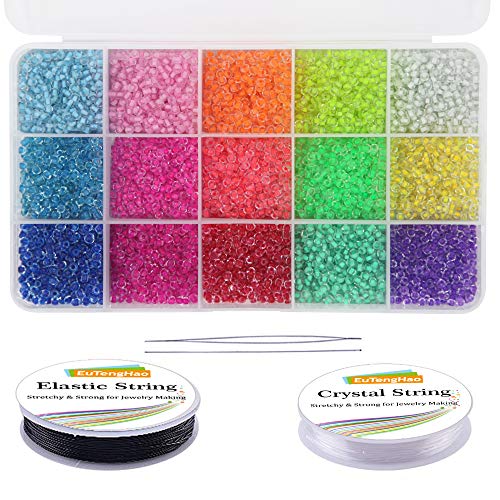 Product Cover EuTengHao 7500pcs Glass Seed Beads Small Craft Beads Small Pony Beads Kit for DIY Bracelet Necklaces Crafting Jewelry Making Supplies with Two 0.6mm Crystal String (3mm, 600 Per Color, 15 Colors)