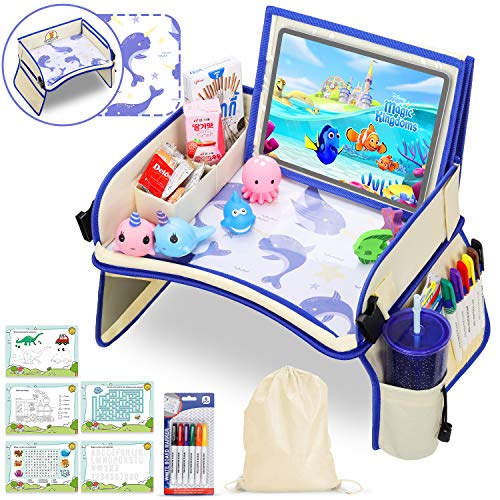 Product Cover Kids Travel Tray, Car Seat Tray with XL (14.5 Inch) Detachable iPad Tablet Pocket Dry-Erase Desktop Car Seat Table with 5 Drawing Papers & Back Storage Pocket, Narwhal
