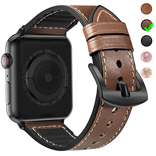 Product Cover MARGE PLUS Compatible Apple Watch Band 44mm 42mm with Case, Sweatproof Hybrid Genuine Leather Silicone Sports Watch Band with Protective Case Replacement for iWatch Series 5 4 3 2 1, Dark Brown