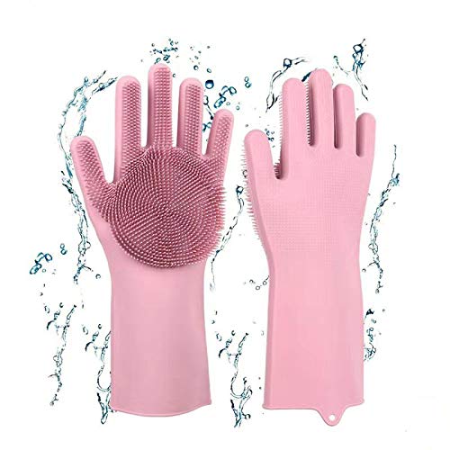 Product Cover Jeerhope Silicone Dishwashing Gloves with Wash Scrubber Magic Waterproof Latex Gloves Household Cleaning 1 Pair (Pink)