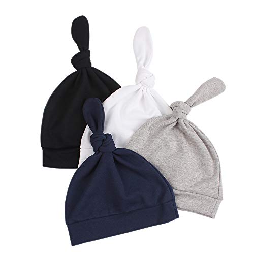 Product Cover JANGANNSA 4-Pack 100% Cotton Newborn Hat for Boys Girls Cartoon Soft Baby Hospital Beanie Tire Hat 0-6 Months (White+Black+Gray+Navy)