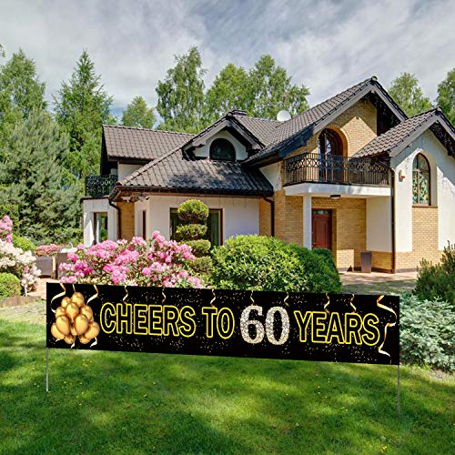 Product Cover Large Cheers to 60 Years Banner, Black Gold 60 Anniversary Party Sign, 60th Happy Birthday Banner(9.8feet X 1.6feet)