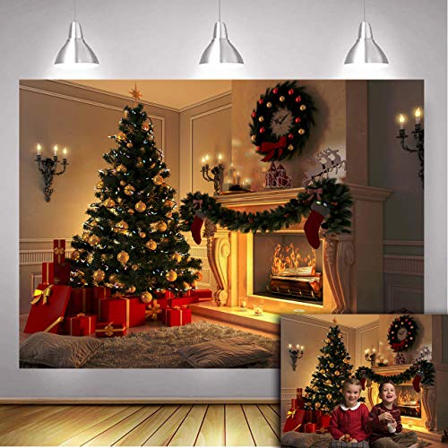 Product Cover RUINI Christmas Tree Theme Xmas Stove and Sock Fireplace Gift Blanket Pillow Background Xmas Party Photograhy Backdrop 7x5FT