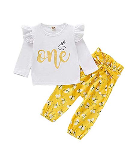 Product Cover Newborn Baby Girl One Ruffle Long Sleeve Top Bee Printed Floral Long Pants Outfit Set Fall Winter Clothes (Yellow, 12-18Months)