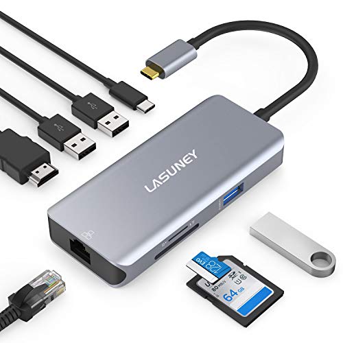 Product Cover Lasuney USB C Hub, Type C Adapter, 8-in-1 Dongle with Ethernet, USB-C PD 3.0, 4K@30Hz HDMI, 3 USB 3.0, SD/TF Card Reader, Compatible for MacBook Air Pro, Chromebook and Other Type C Laptops