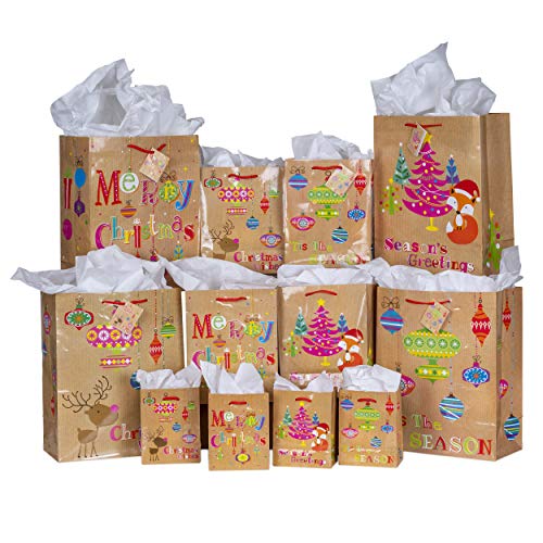 Product Cover Besti 28 Piece Holiday Gift Bag Set - 4 Small, 4 Medium, 4 Large Brown Craft Bags for Gifts of Assorted Sizes - 4 Flat Wrapping Paper for Box Presents, 4 Tissue Sheets - Red Ribbons, Handles, Cards