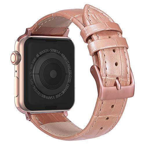 Product Cover MARGE PLUS Compatible with Apple Watch Band 44mm 42mm with Case, Alligator Grain Calf Genuine Leather Strap Replacement for iWatch Series 5/4/3/2/1 Sport and Edition, Rose Gold