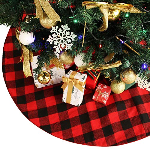 Product Cover YIZCO Christmas Tree Skirt Buffalo Plaid Red and Black 48 Inch Xmas Tree Skirt for Christmas Decorations Double Layers