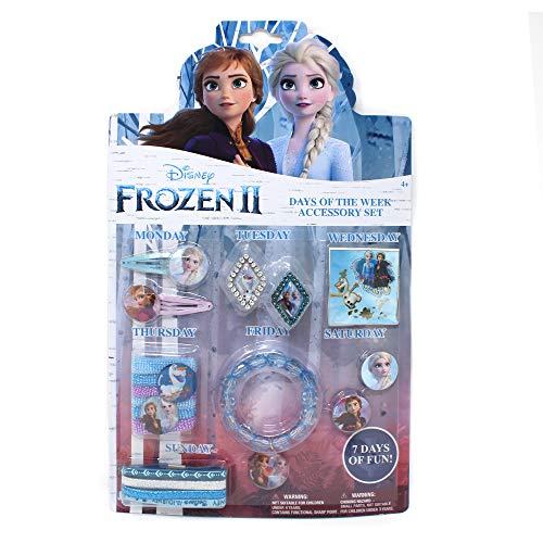 Product Cover Frozen 2 Girls 7 Days of Fun Hair Accessory Set with 2 Snap Clips, 2 Plastic Rings, 2 Button Pins, 6 Terry Ponies, Bead Bracelet, Stick on Tattoo and 4 Hair Elastics