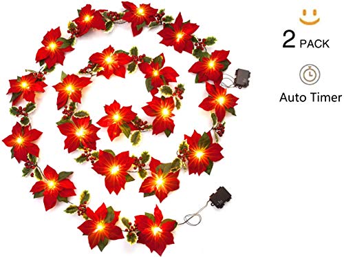 Product Cover HOMESEASONS Pack of 2 Pre-Lit Velvet Artificial Poinsettia 6 feet Garland with Red Berries and Holly Leaves - 3AA Battery Operated Indoor and Outdoor Use (2, Red)