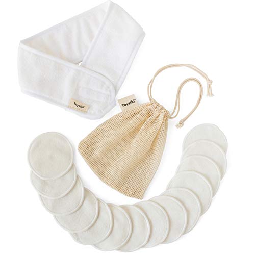 Product Cover Toysiki Organic Reusable Cotton Rounds Double-sides Makeup Remover Pads Cotton & Bamboo - Natural & Eco-Friendly Rounds Face, Eye, Skin Cleansing - 14 Pads Pack With Laundry Bag and Face Wash Hairband
