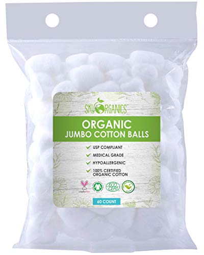 Product Cover Cotton Balls Organic by Sky Organics (60 ct.) Fragrance & Chlorine-Free Cotton Balls, 100% Biodegradable Jumbo Absorbent Jumbo Cotton Balls, Cruelty-Free Cotton for Nail & Make-up Removal