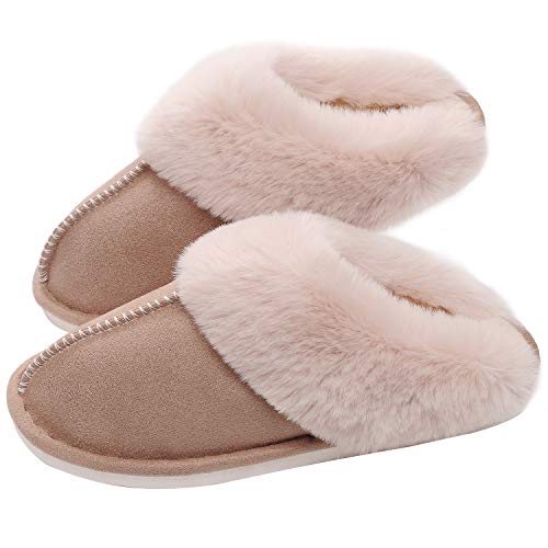 Product Cover SOSUSHOE Womens Slippers Memory Foam Fluffy Fur Soft Slippers Warm House Shoes Indoor Outdoor Winter, Khaki, 7-7.5 B(M) US