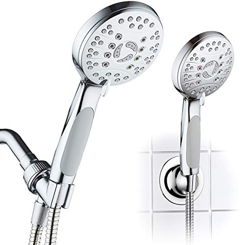 Product Cover AquaSpa High Pressure 6-setting Luxury Handheld Shower Head - Extra Long 6 Foot Stainless Steel Hose - Anti Clog Jets - Anti Slip Grip - All Chrome Finish - Top US Brand - Includes Extra Wall Bracket