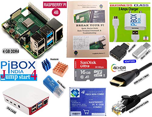 Product Cover PiBOX India Raspberry Pi 4 4GB Jump Start4 Combo kit 4413W with Pi4 4GB, Pi4 Official case,16GB Noobs Card, BIS 3 Amps Charger, Copper Heatsink, HDMI Cable, Ethernet Cable and Adapters - 2019 Model