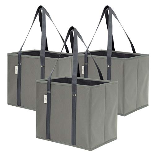 Product Cover Premium 3 Pack Reusable Grocery Shopping Box Bags | Large, Sturdy, Durable Tote Bag Set for Groceries, Trunk Organizer and Home Storage | Foldable with Stylish Design and Colors (Grey)