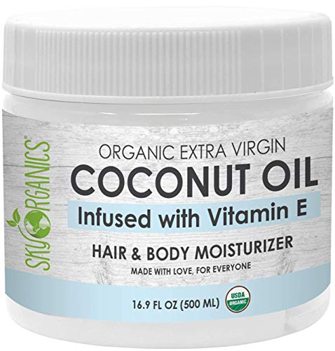 Product Cover USDA Organic Coconut Oil with Vitamin E (16.9 oz Jar) Pure Vitamin E Infused Coconut Oi - Bio Coconut Oil for Hair and Skin, Coconut Oil Hair Mask