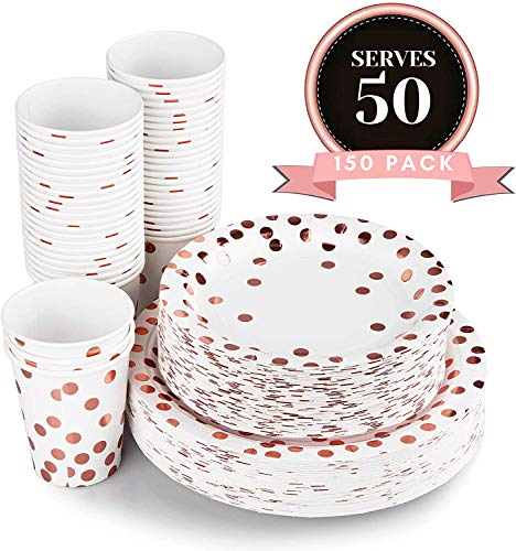 Product Cover Luxomi Rose Gold Paper Plates - 150 Pc Plates Foil Design 50 Dinner and 50 Dessert Plates and 50 Cups for Baby Shower Birthday Bridal Bachelorette Holiday Party Supplies