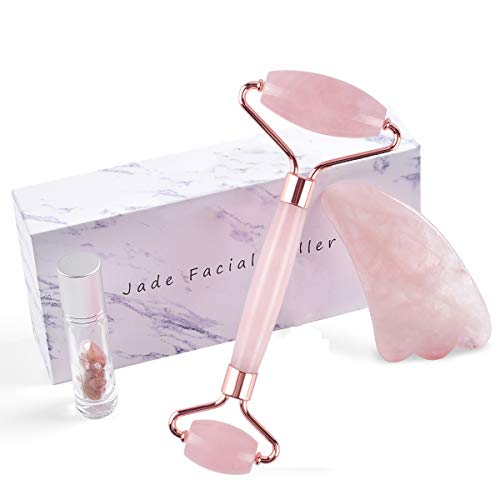 Product Cover Jade Roller - Rose Quartz Face Roller and Gua Sha, Scrapping Massage Tools, Anti-Aging Beauty Kits for Slimming, Toning and Firming Skin - Natural Jade Stone Facial Roller for Face, Eyes, Neck, Back