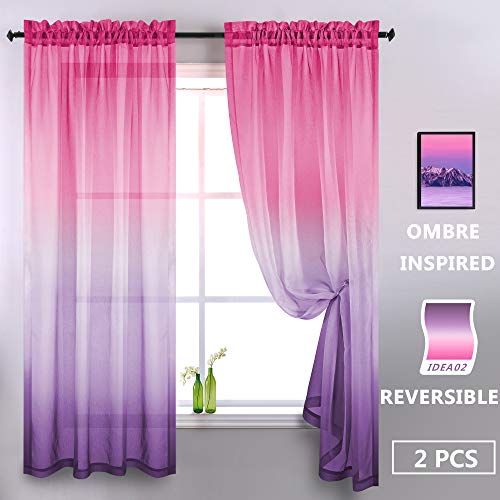 Product Cover Purple and Pink Sheer Curtains for Girls Bedroom Room Decor 2 Panels Rod Pocket Faux Linen Semi Voile Drapes Ombre Window Pastel Curtains for Kids Living Room Decoration Party 52 x 84 Inch Length