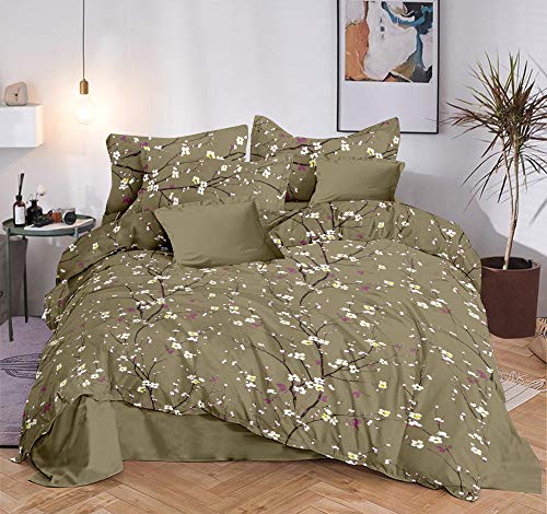 Product Cover Trance Home Linen 100% Cotton 200TC Printed Queen Fitted Bed Sheet with 2 Pillow Covers-Green with Yellow Floral