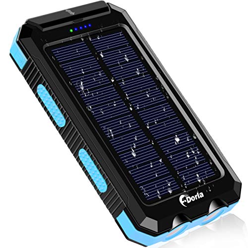 Product Cover Solar Charger, F.Dorla 10000mAh Portable Solar Power Bank, Dual 5V USB Ports Output, Waterproof, Camping External Backup Battery Pack, 2 Led Light Flashlight with Compass for iOS Android (Blue)