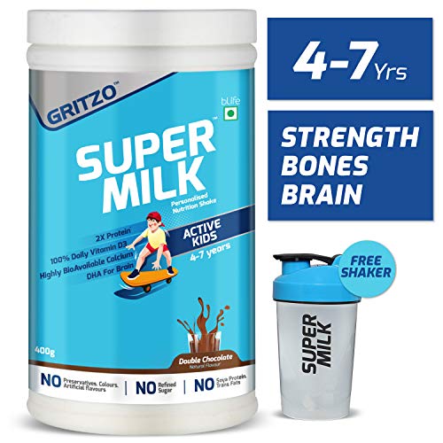 Product Cover Gritzo Supermilk Health & Nutrition Protein Drink for Kids (4-7 yrs) with DHA, NO Refined Sugar, Natural Chocolate Flavour, 400g with Free Shaker